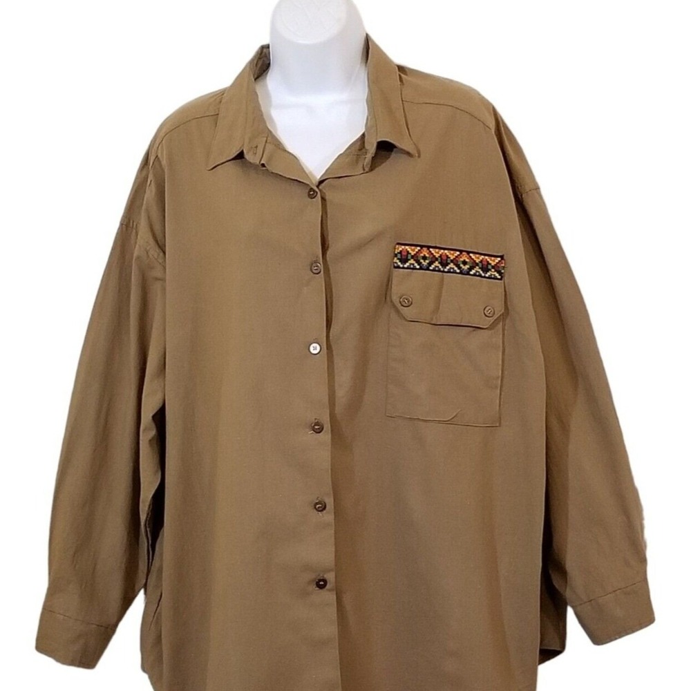 Casey & Max Vintage Shirt Womens 22W Embroidered Button Up Long Sleeve Brown Azt
